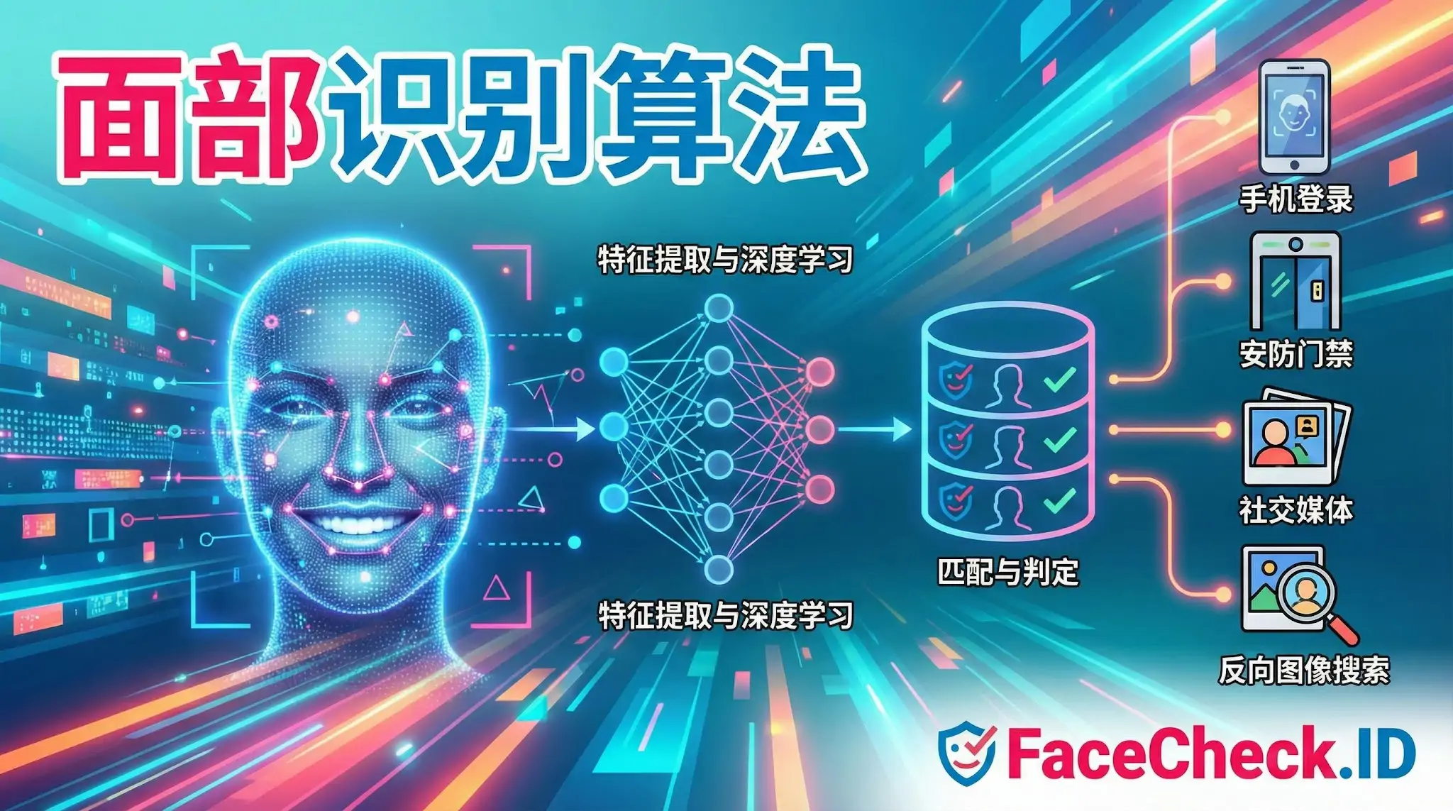 FaceCheck.ID信息图展示面部识别算法流程：从人脸特征提取与深度学习网络，到数据库匹配判定，涵盖手机登录、安防及反向图像搜索等应用场景。