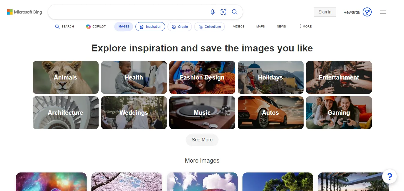 Interface da página inicial de pesquisa do Bing Images