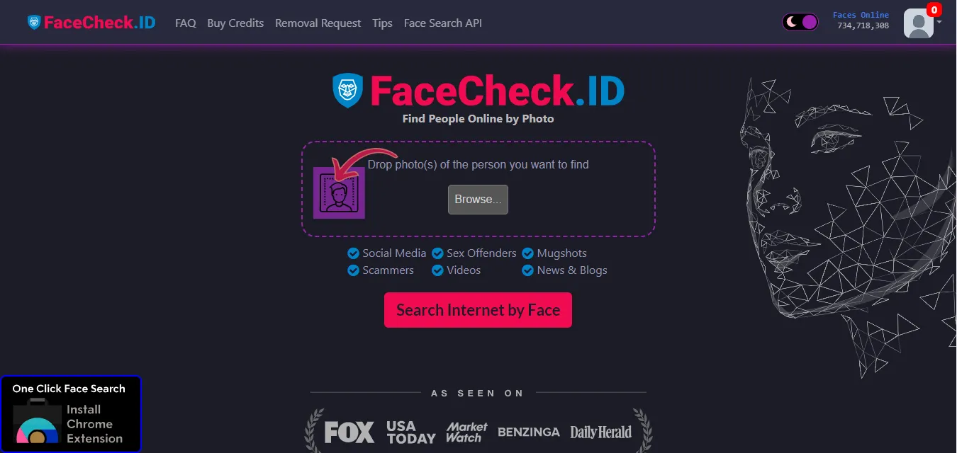 Interfejs wyszukiwania rozpoznawania twarzy FaceCheck.ID