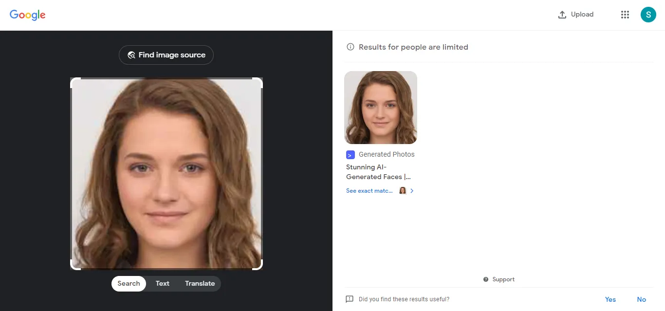 Display of AI-generated faces on Google Images