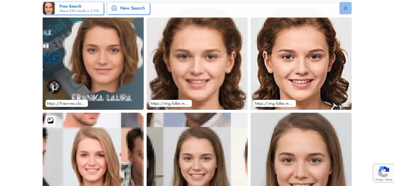 نتائج مطابقة الوجه PimEyes تظهر صورًا مماثلة