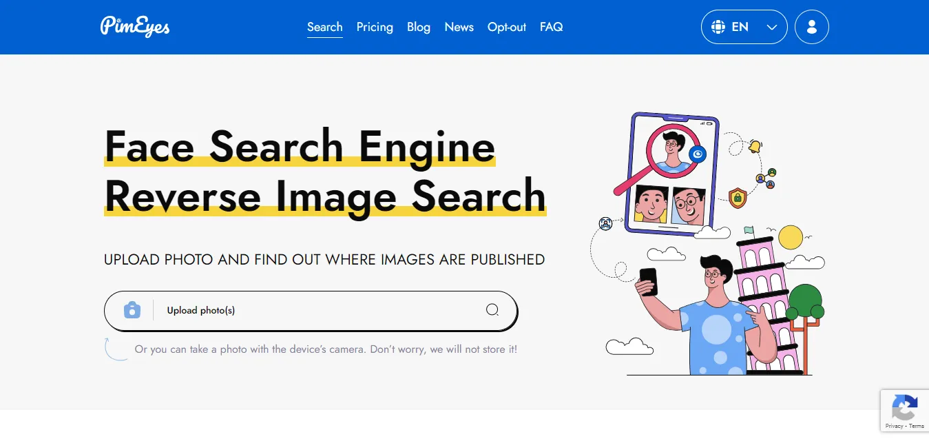 Interface da página inicial de busca reversa de imagem do PimEyes