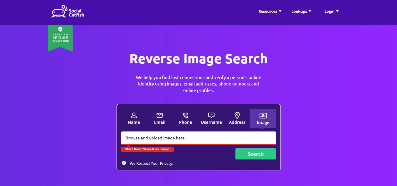 Social Catfish homepage for reverse image search