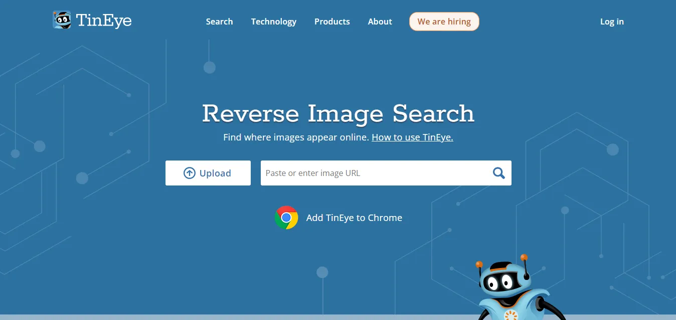 Interfaccia della homepage di ricerca inversa di immagini TinEye