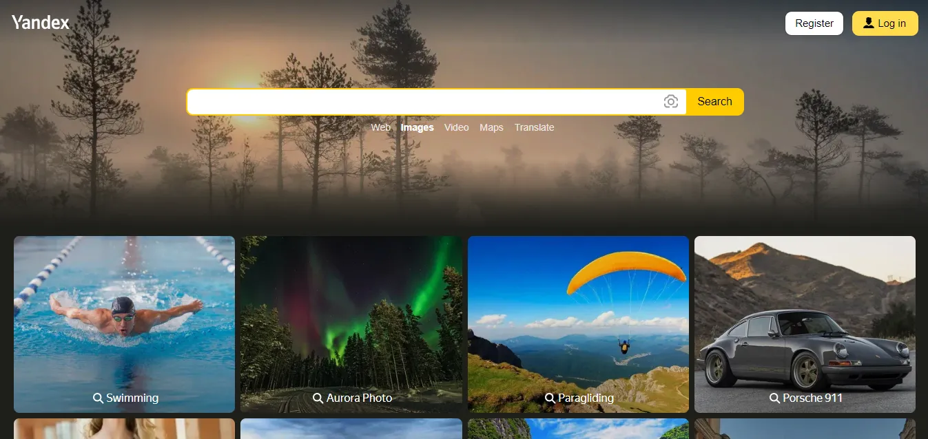 Interfaz de la página principal de búsqueda de imágenes de Yandex